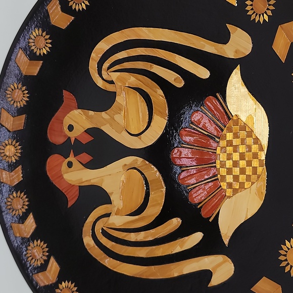 Vintage Russian Rooster Straw Folk Art Lacquer Wood Inlay Plate Made in USSR - Picture 6 of 6